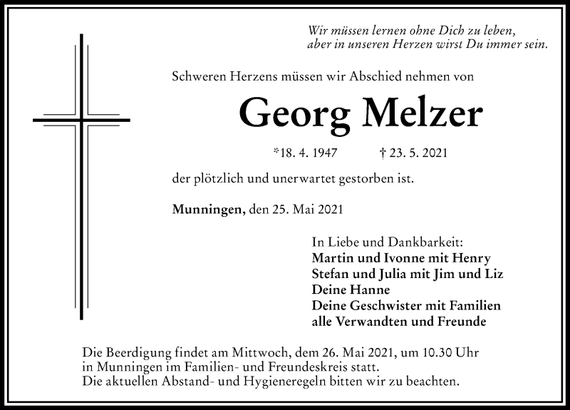 Traueranzeige von Georg Melzer von Rieser Nachrichten