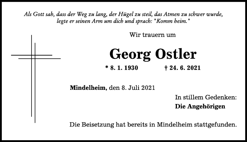 Traueranzeige von Georg Ostler von Mindelheimer Zeitung