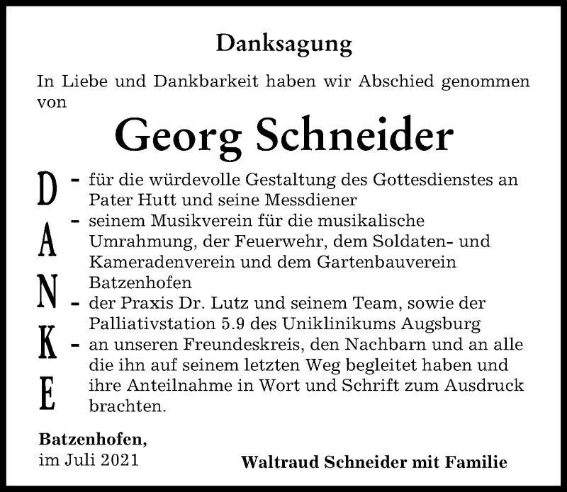 Traueranzeige von Georg Schneider von Augsburger Allgemeine