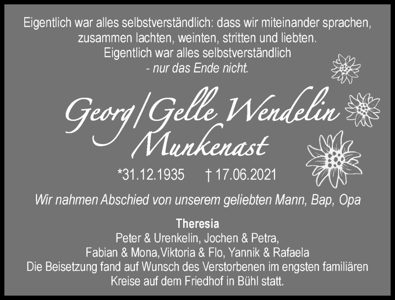 Traueranzeige von Georg Gelle Wendelin Munkenast von Günzburger Zeitung