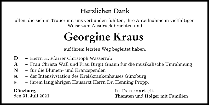 Traueranzeige von Georgine Kraus von Günzburger Zeitung