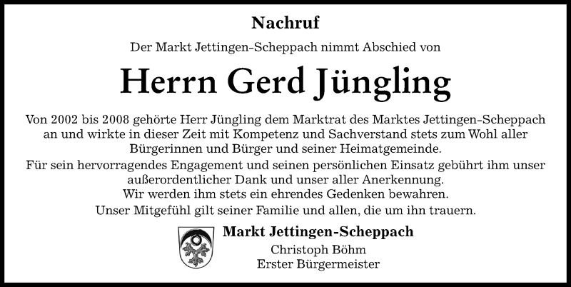 Traueranzeige von Gerd Jüngling von Günzburger Zeitung