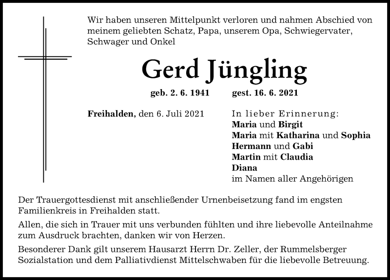 Traueranzeige von Gerd Jüngling von Günzburger Zeitung