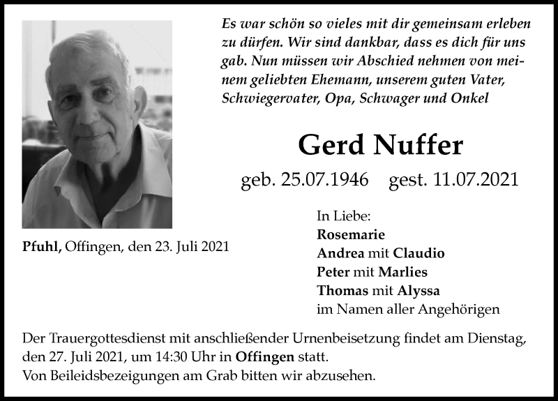 Traueranzeige von Gerd Nuffer von Günzburger Zeitung