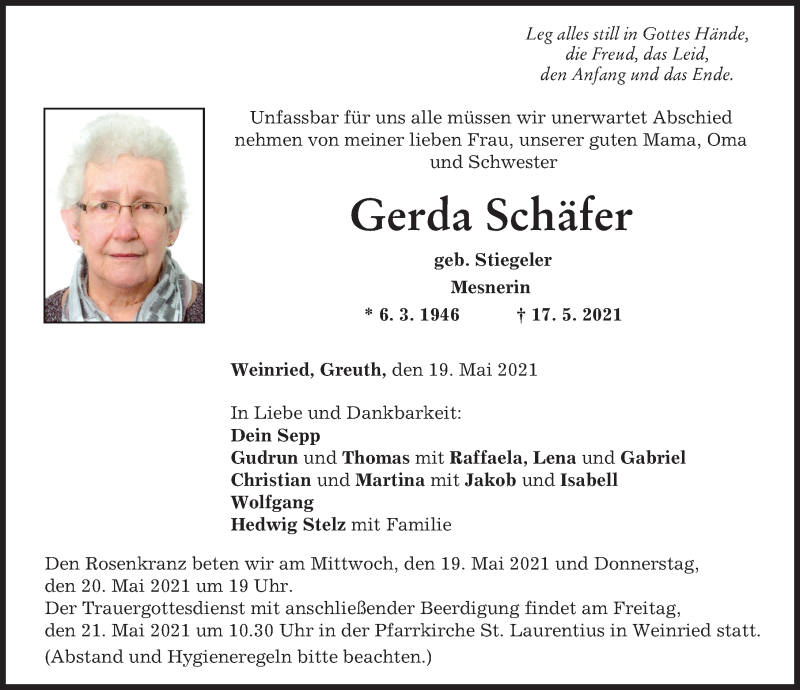 Traueranzeige von Gerda Schäfer von Memminger Zeitung