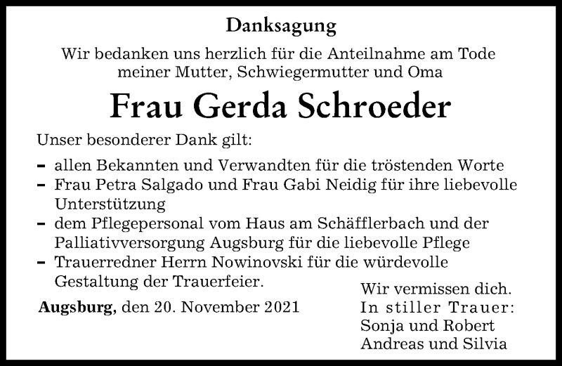 Traueranzeige von Gerda Schroeder von Augsburger Allgemeine