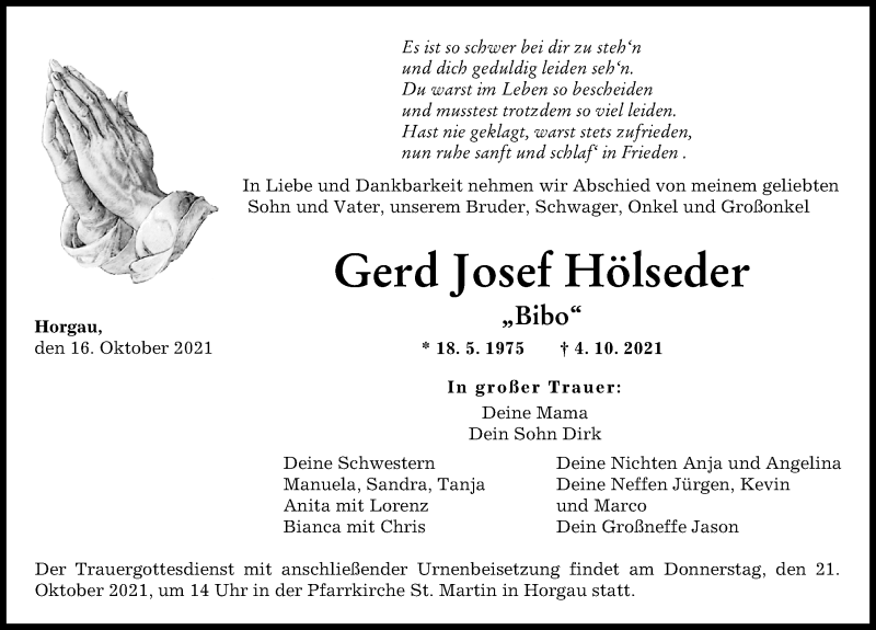  Traueranzeige für Gerd Josef Hölseder vom 16.10.2021 aus Augsburg-Land