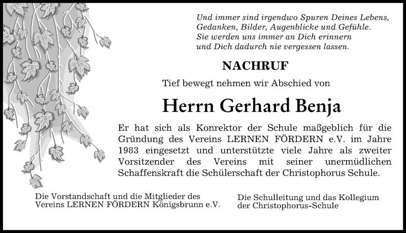 Traueranzeige von Gerhard Benja von Schwabmünchner Allgemeine