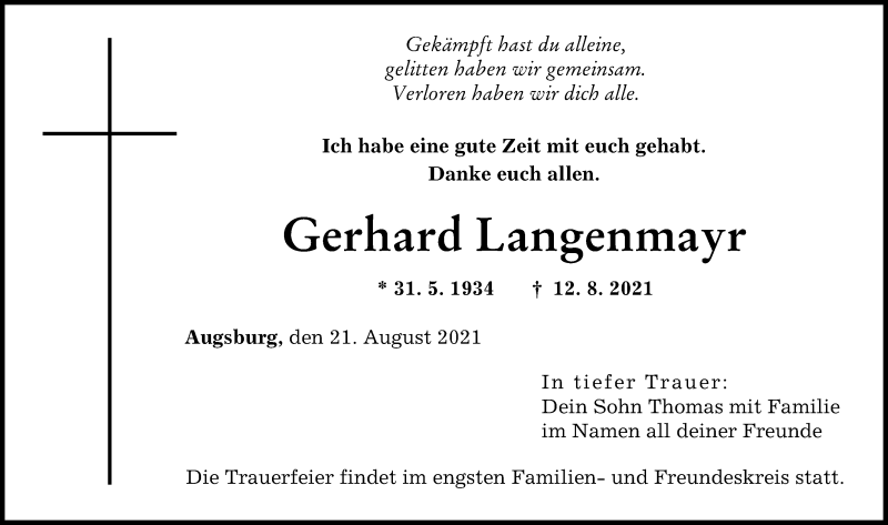 Traueranzeige von Gerhard Langenmayr von Augsburger Allgemeine