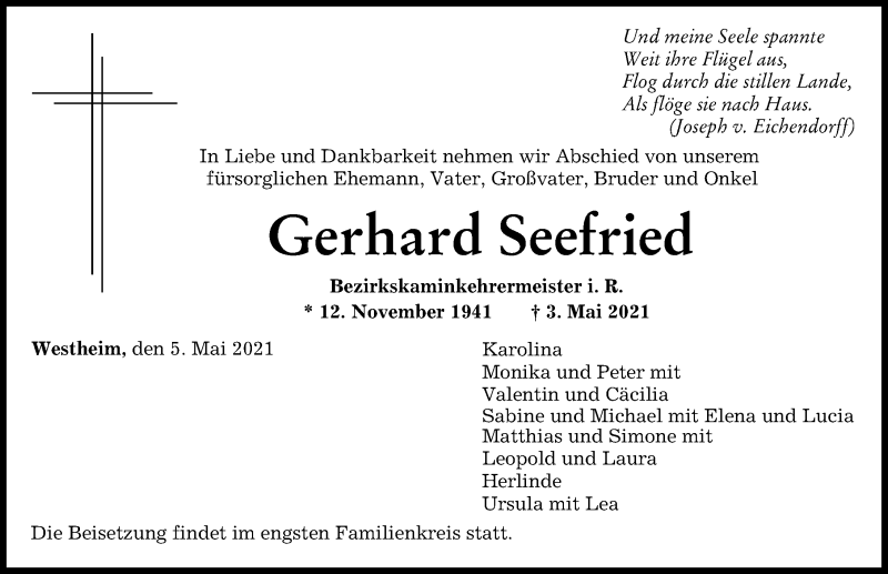 Traueranzeige von Gerhard Seefried von Augsburger Allgemeine