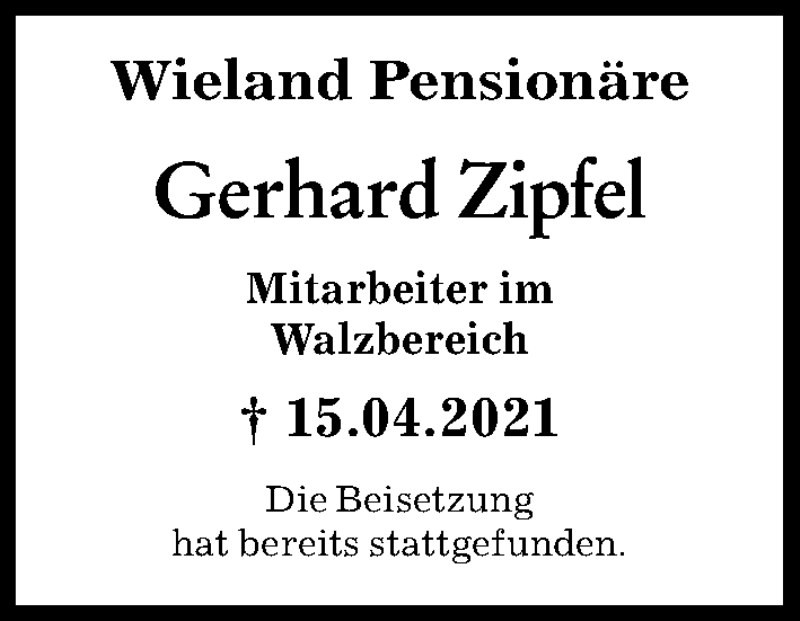 Traueranzeige von Gerhard Zipfel von Illertisser Zeitung, Neu-Ulmer Zeitung