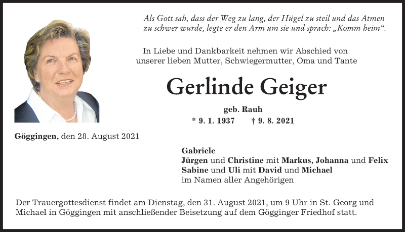 Traueranzeige von Gerlinde Geiger von Augsburger Allgemeine