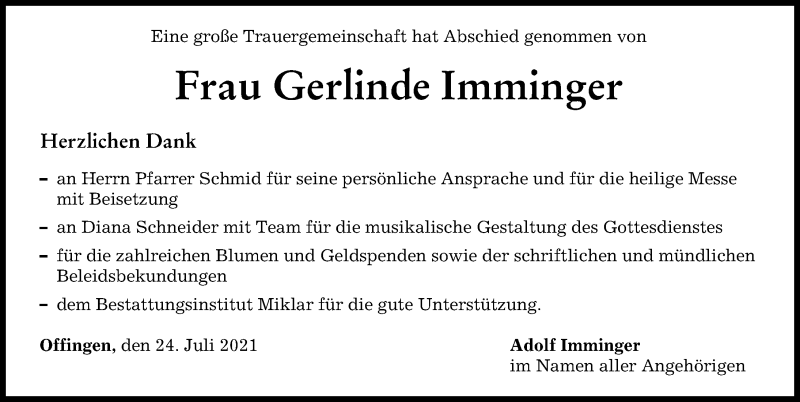 Traueranzeige von Gerlinde Imminger von Günzburger Zeitung