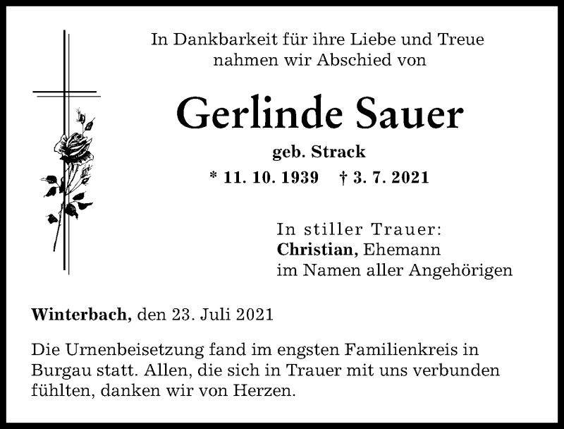 Traueranzeige von Gerlinde Sauer von Günzburger Zeitung