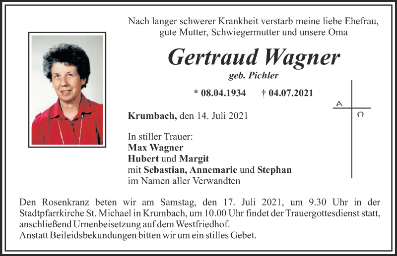 Traueranzeigen von Gertraud Wagner | Augsburger Allgemeine Zeitung