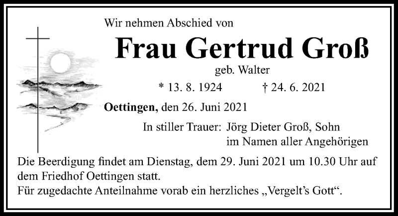 Traueranzeige von Gertrud Groß von Rieser Nachrichten