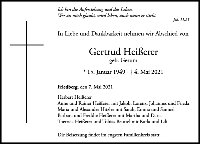 Traueranzeige von Gertrud Heißerer von Augsburger Allgemeine