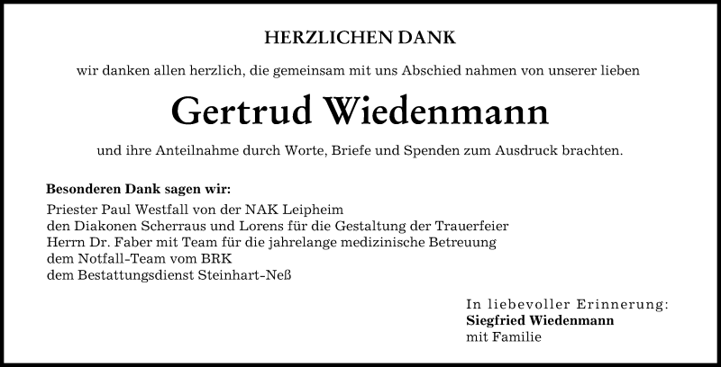 Traueranzeige von Gertrud Wiedenmann von Günzburger Zeitung