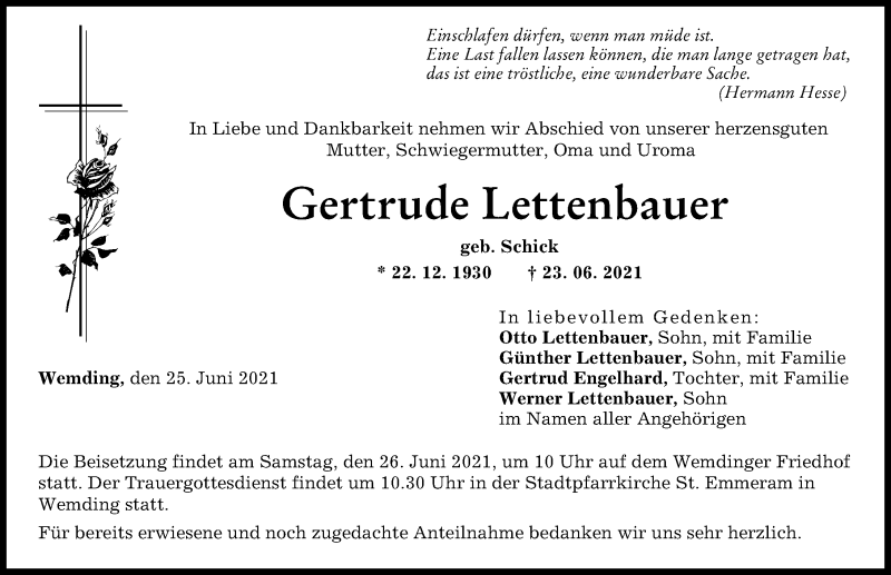  Traueranzeige für Gertrude Lettenbauer vom 25.06.2021 aus Donauwörther Zeitung