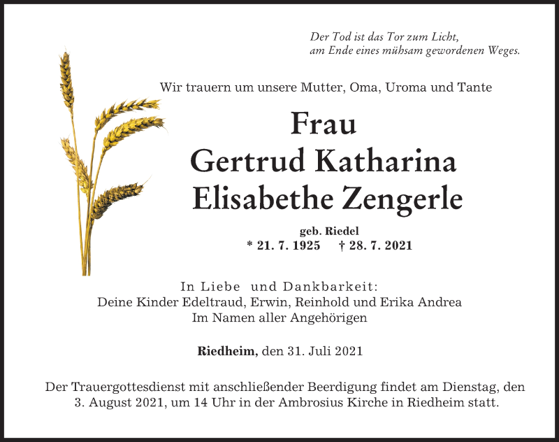 Traueranzeige von Gertrud Katharina Elisabethe Zengerle von Günzburger Zeitung