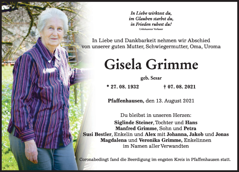 Traueranzeigen Von Gisela Grimme Augsburger Allgemeine Zeitung