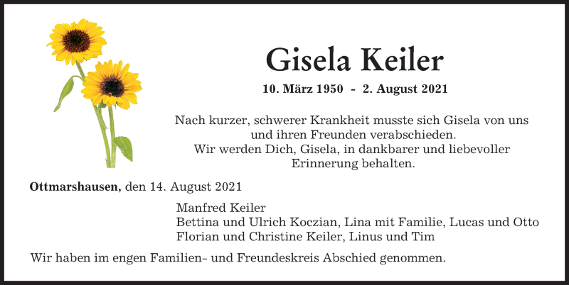 Traueranzeige von Gisela Keiler von Augsburger Allgemeine