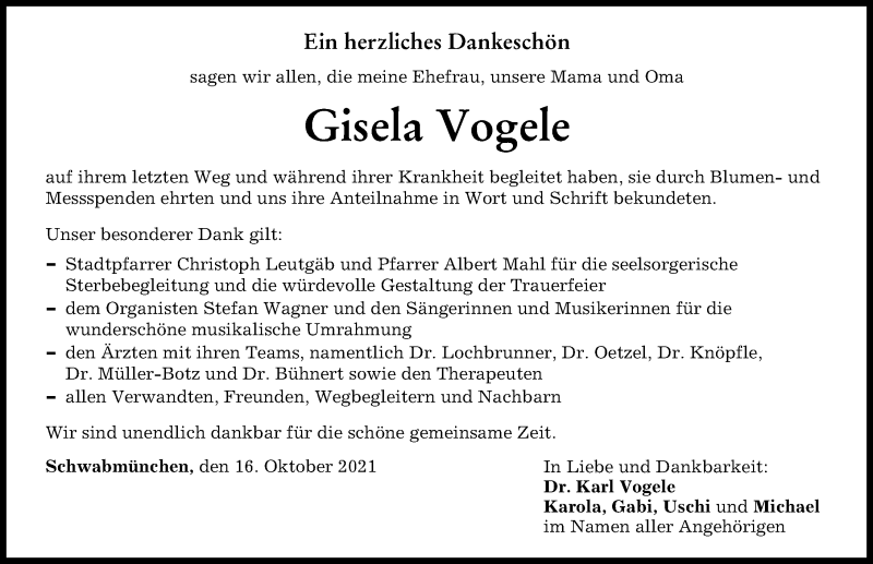 Traueranzeige von Gisela Vogele von Augsburger Allgemeine