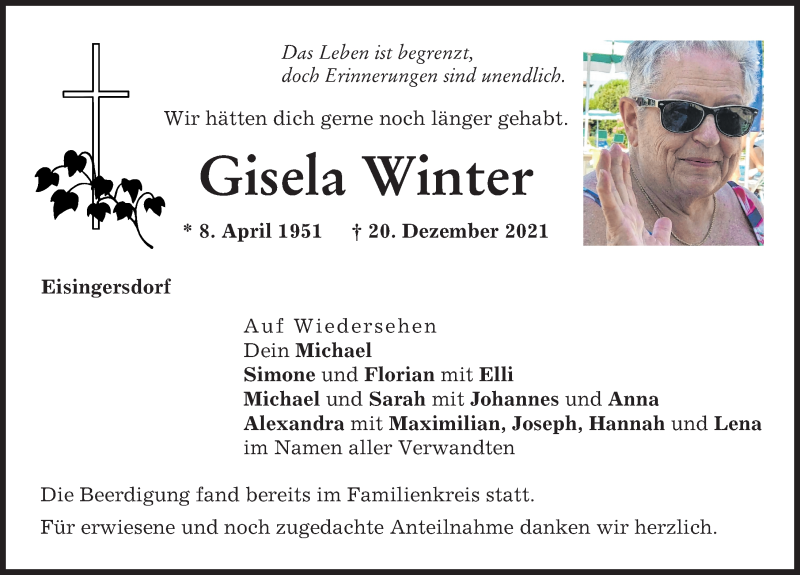 Traueranzeigen Von Gisela Winter Augsburger Allgemeine Zeitung