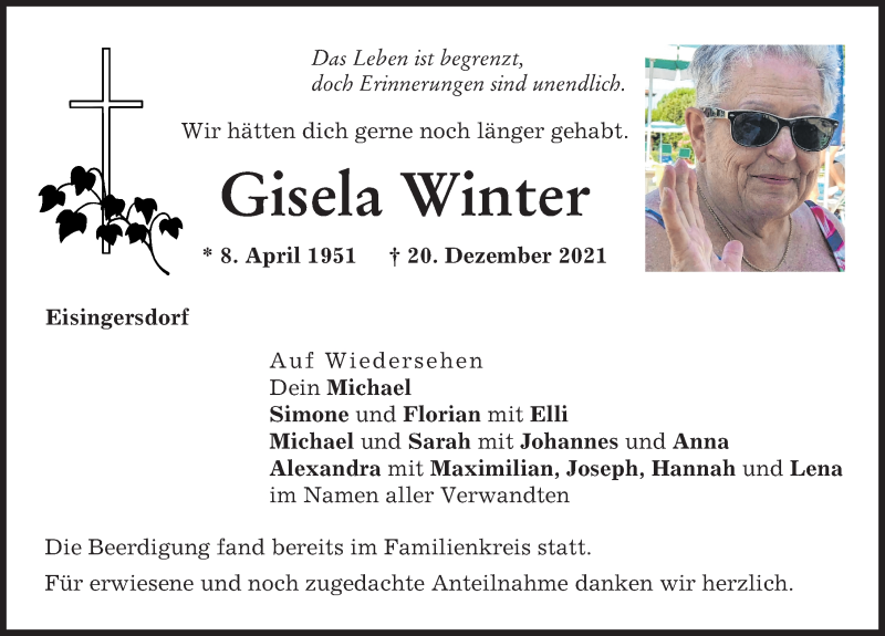 Traueranzeige von Gisela Winter von Augsburger Allgemeine, Aichacher Nachrichten