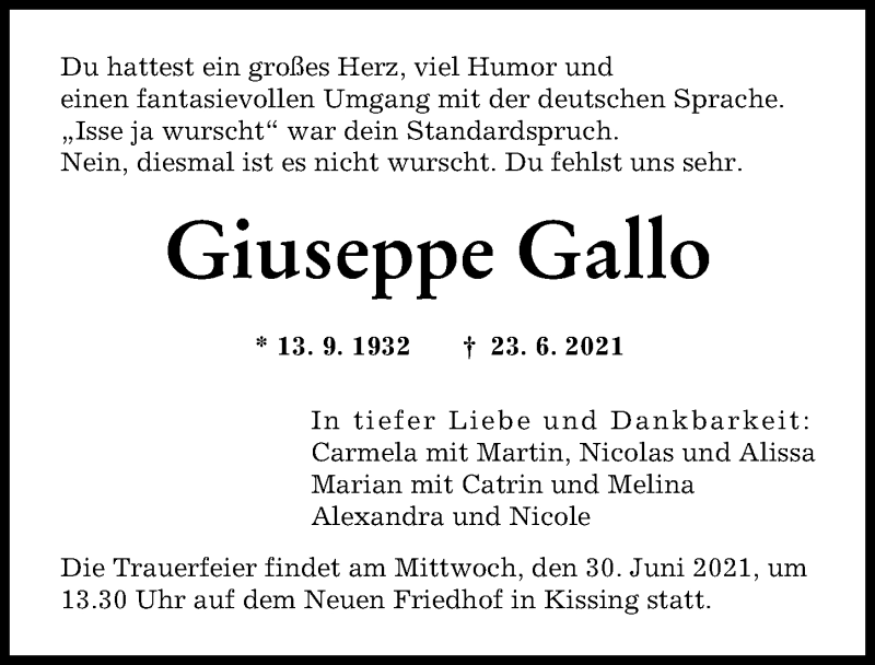  Traueranzeige für Giuseppe Gallo vom 26.06.2021 aus Augsburger Allgemeine