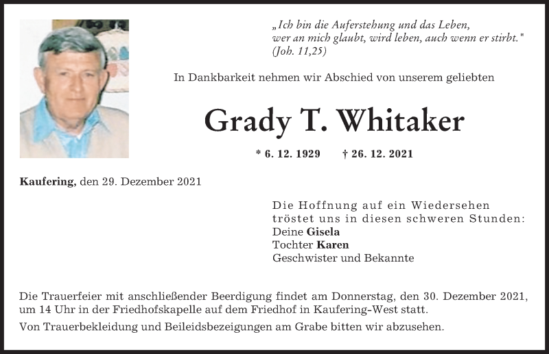 Traueranzeige von Grady  Whitaker von Landsberger Tagblatt