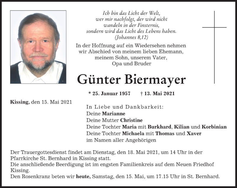  Traueranzeige für Günter Biermayer vom 15.05.2021 aus Friedberger Allgemeine, Augsburger Allgemeine