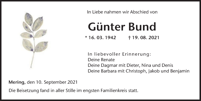 Traueranzeige von Günter Bund von Augsburger Allgemeine