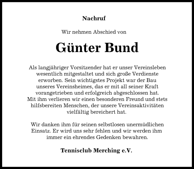 Traueranzeige von Günter Bund von Friedberger Allgemeine