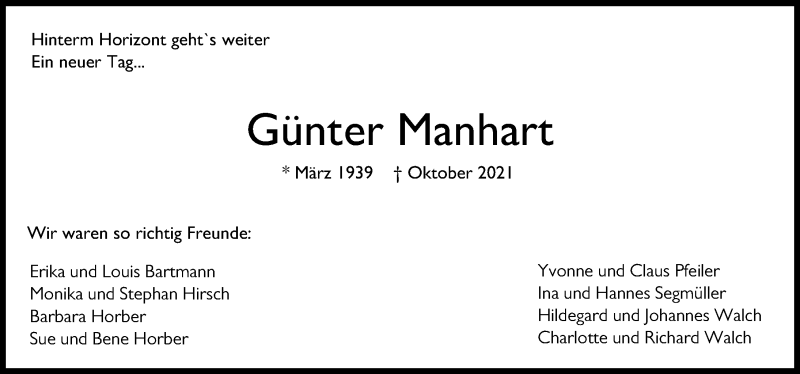 Traueranzeige von Günter Manhart von Augsburger Allgemeine