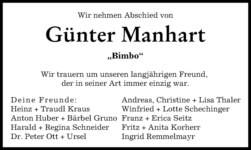 Traueranzeige von Günter Manhart von Augsburger Allgemeine