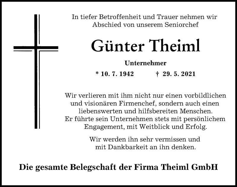 Traueranzeige von Günter Theiml von Augsburger Allgemeine