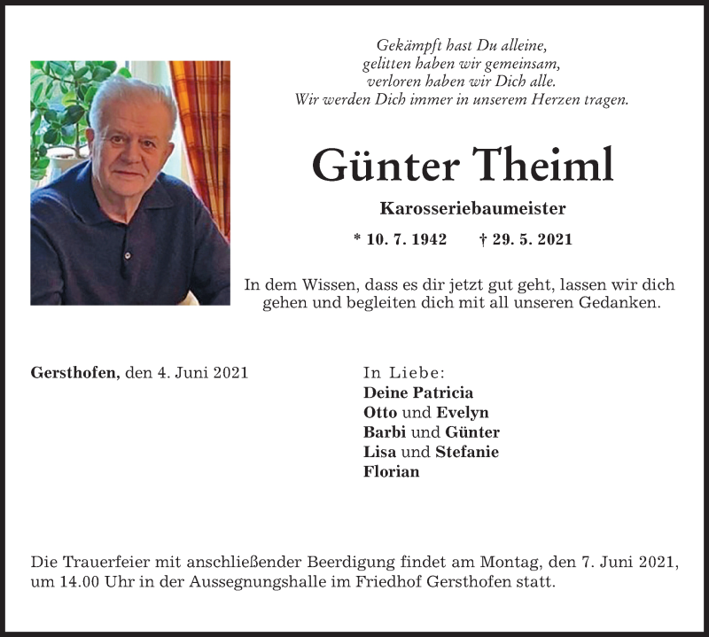 Traueranzeige von Günter Theiml von Augsburger Allgemeine