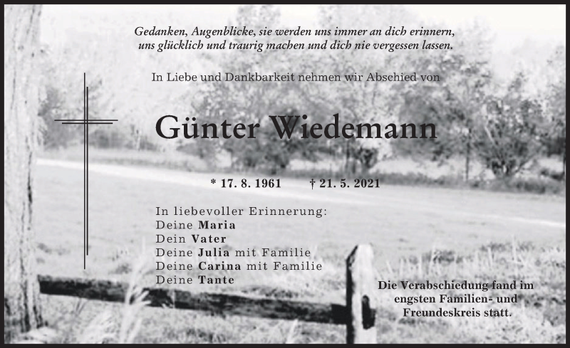 Traueranzeige von Günter Wiedemann von Augsburg-Land