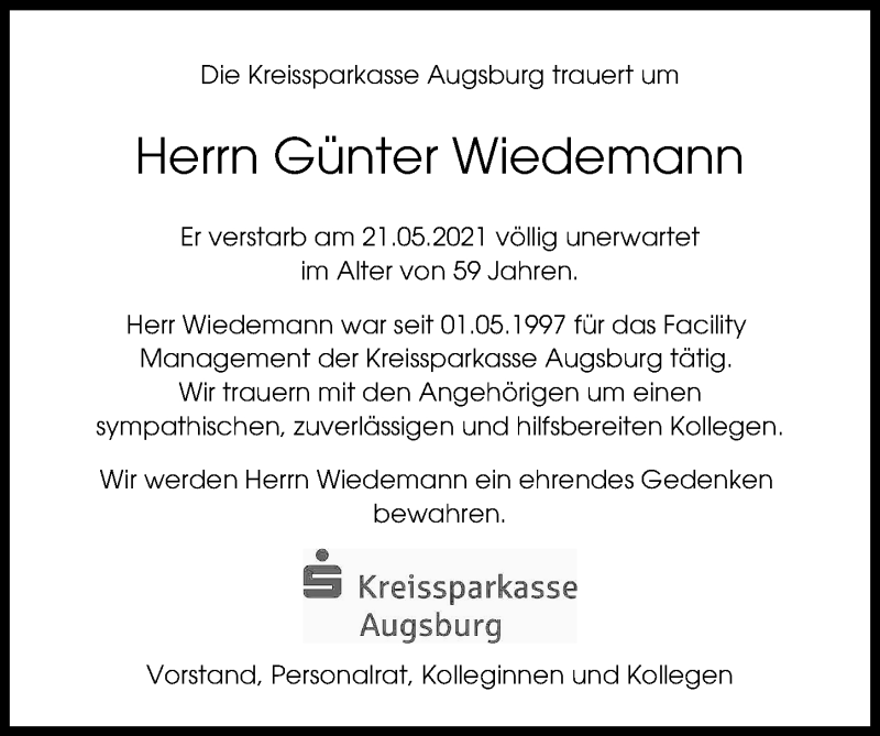 Traueranzeige von Günter Wiedemann von Augsburger Allgemeine