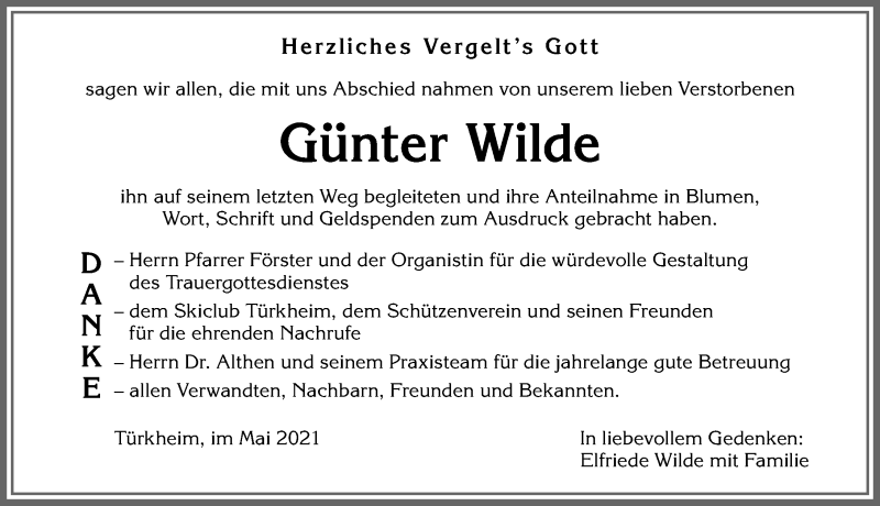 Traueranzeige von Günter Wilde von Mindelheimer Zeitung