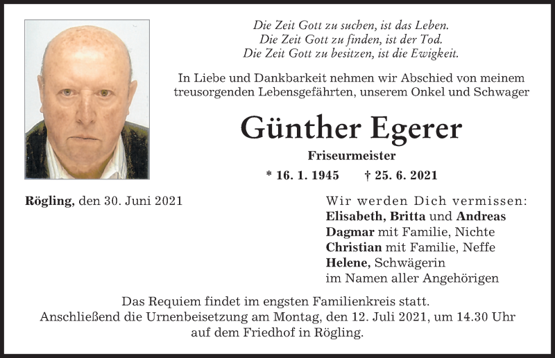 Traueranzeige von Günther Egerer von Donauwörther Zeitung