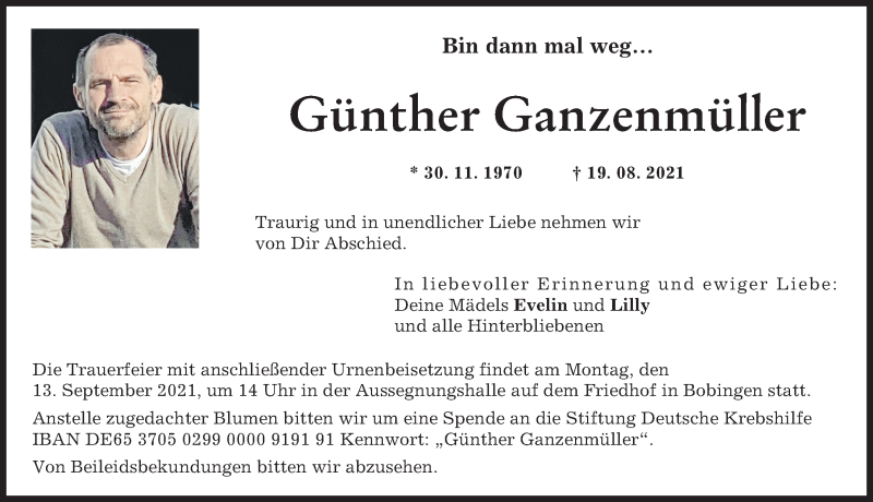 Traueranzeige von Günther Ganzenmüller von Augsburger Allgemeine