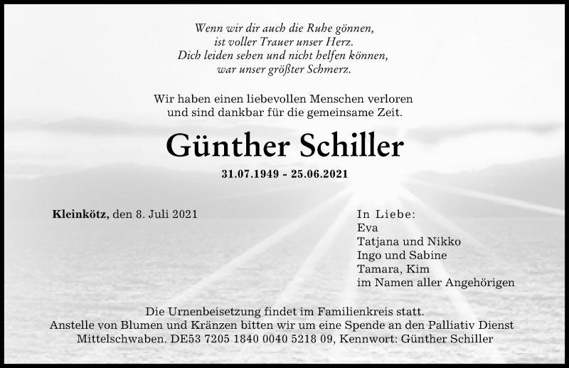 Traueranzeige von Günther Schiller von Günzburger Zeitung