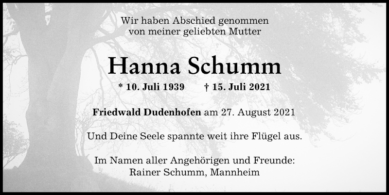 Traueranzeige von Hanna Schumm von Augsburger Allgemeine