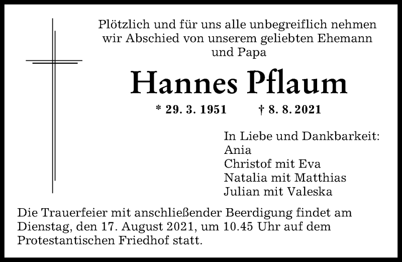 Traueranzeige von Hannes Pflaum von Augsburger Allgemeine