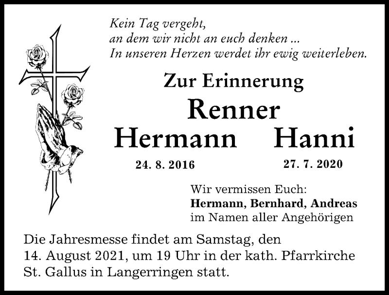 Traueranzeige von Hanni Renner von Schwabmünchner Allgemeine