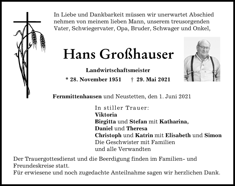 Traueranzeige von Hans Großhauser von Neuburger Rundschau