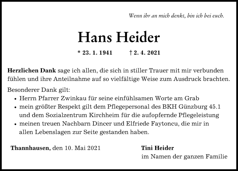 Traueranzeige von Hans Heider von Mittelschwäbische Nachrichten