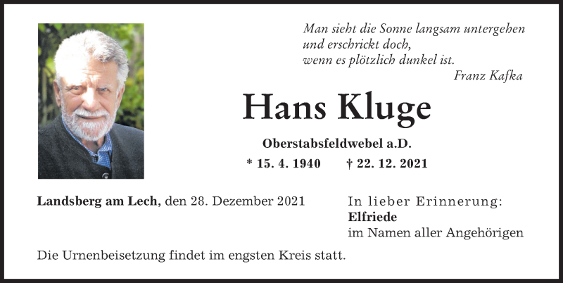 Traueranzeige von Hans Kluge von Landsberger Tagblatt